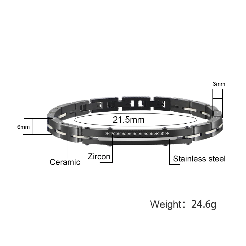 Black Stainless Steel & Ceramic Link Bracelet with Zircon Stones Black Stainless Steel & Ceramic Link Bracelet with Zircon Stones